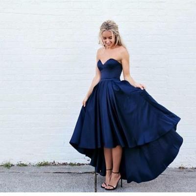 Dark Blue High Low Party Dresses 2017 Soft Satin Formal Gowns ,Cheap Price Prom Dresses ,Sweetheart Long Party Gowns ,Simple Special Occasion Dresses