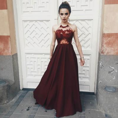 Opening Back Sexy Prom Dresses 2017 Dark Red Illusion Bodice Halter Long Party Gowns A line Evening Prom Dress Custom Made