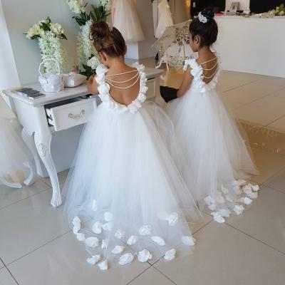 Opening Back White Tulle Flower Girls Dresses 3D Flowers Peals Puffy First Communion Gowns For Girls Princess Pageant Dress