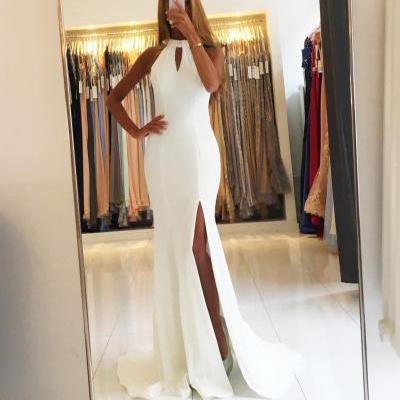 Backless White Chiffon Mermaid Evening Dresses Long Prom Gowns 2018