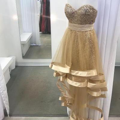 Gold Sequins High Low Sweetheart Prom Dresses Long 2018