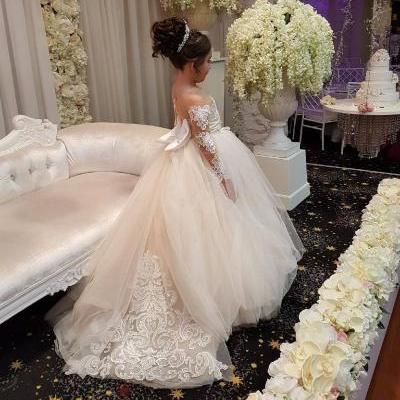 Cute Long Sleeves Ball Gown Flower Girl Dresses with Bow 2018