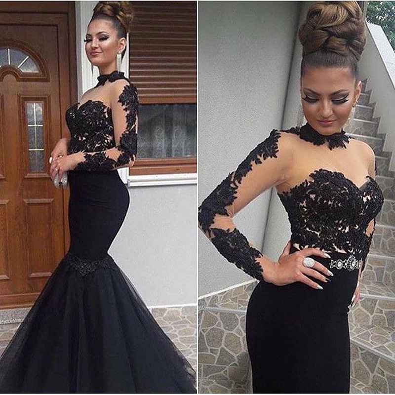 Black Evening Dress High Neck Long Sleeves Mermaid Women Formal Dresses Lace Appliques Elegant Evening Party Gowns Top Quality Hot Sale