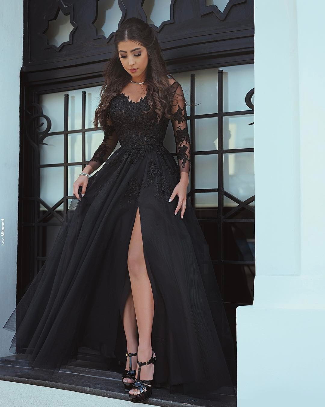 black long sleeve formal dress