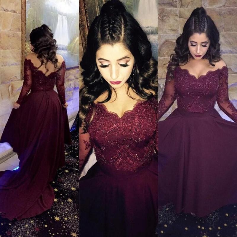burgundy long sleeve prom dress