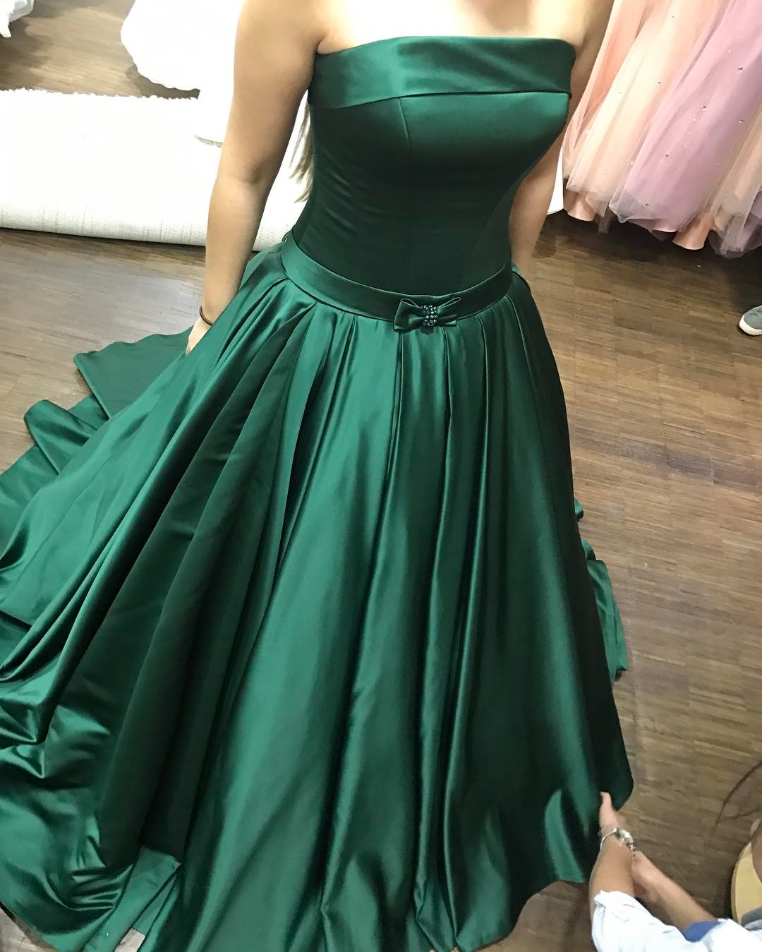 green satin evening gown