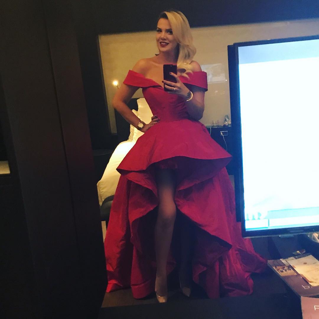 red off the shoulder high low dress