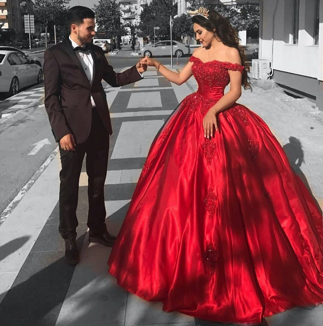 Lace Corset Off Shoulder Red Satin Bridal Engagement Ball 