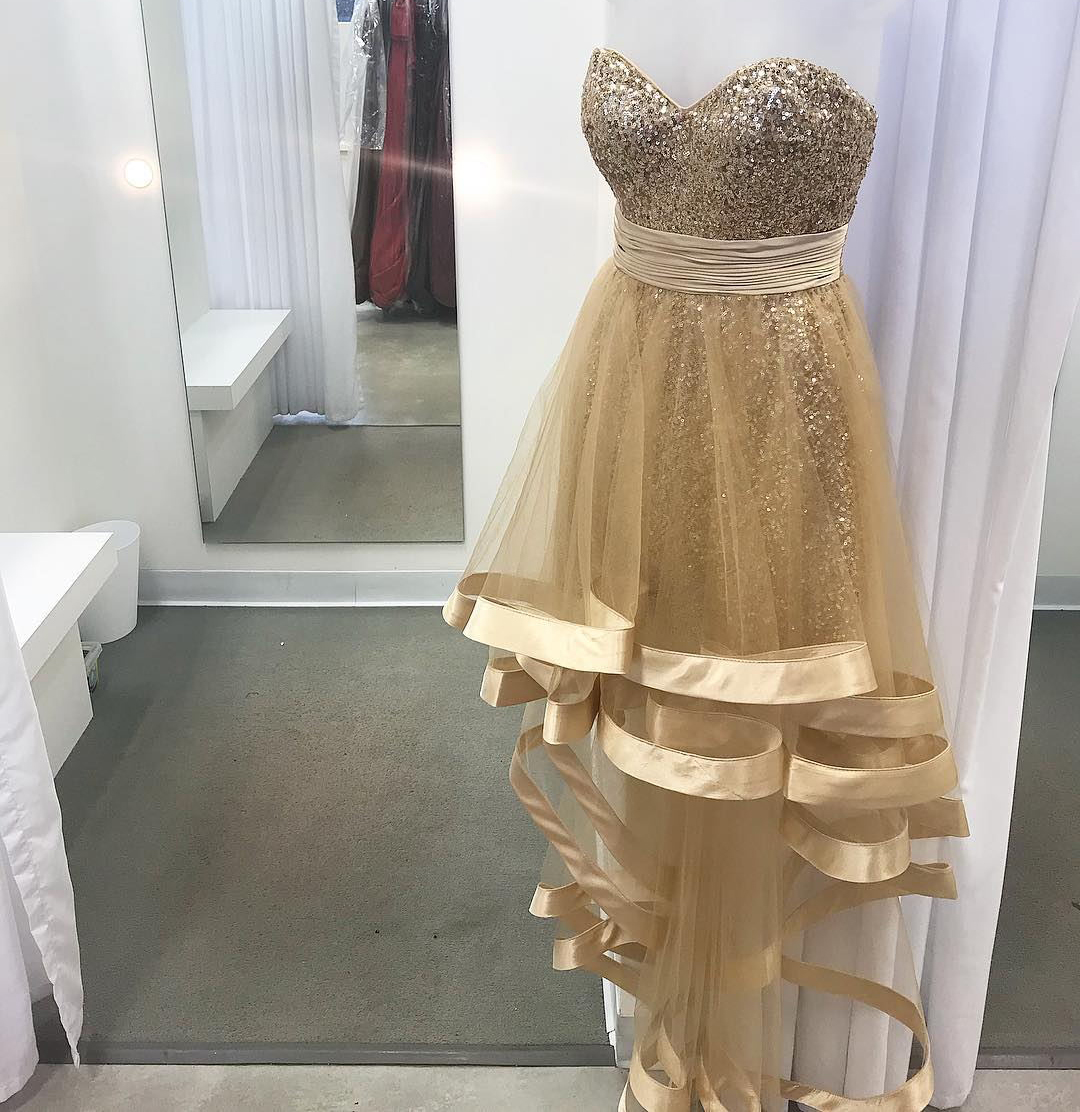 high low gold prom dresses