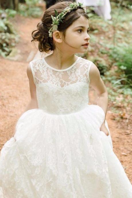 Backless Long Lace Flower Girl Dresses Kids Party Gowns For Weddings
