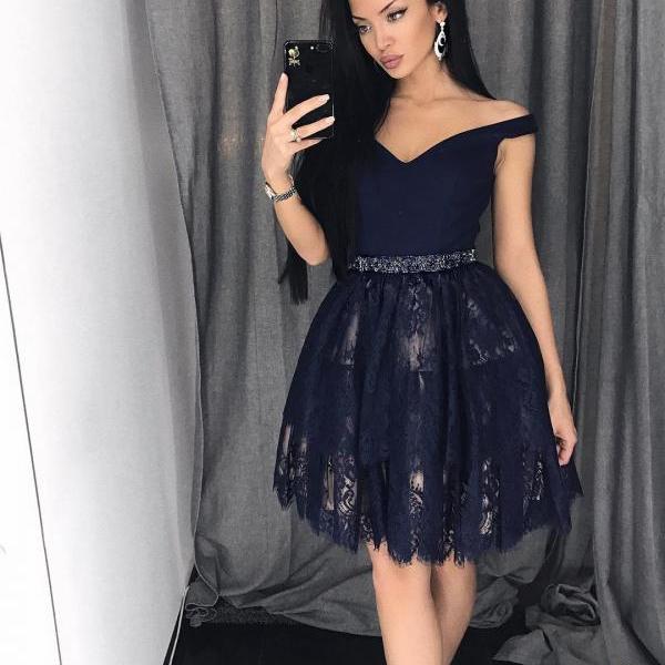 Short Off-Shoulder Homecoming Dress,Lace Semi-Formal Party Gown on Luulla