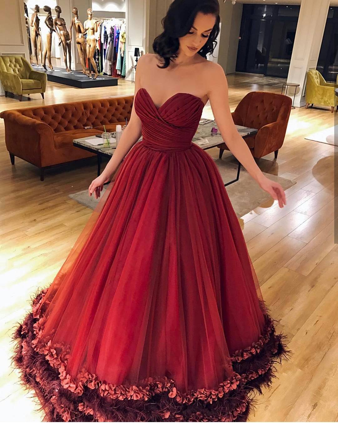Burgundy Tulle Ruched Sweetheart Prom Ball Gowns Dresses Long 3D Floral ...